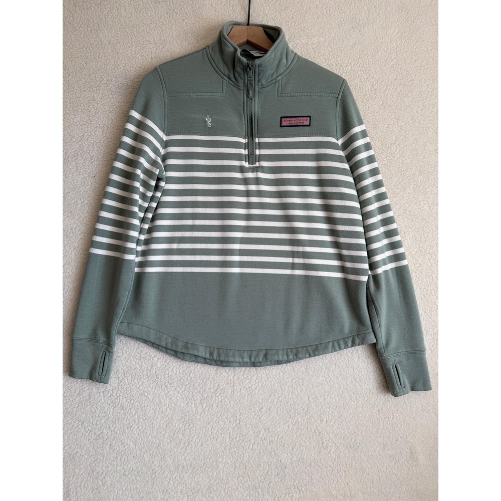 Vineyard Vines Womens Shep Shirt Green Striped 1/4 Zip Pullover Sweater Medium